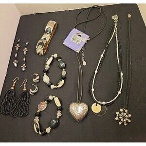 Lot Of Black White & Silver Jewelry 9 Piece Set 3 Earrings 3 Bracelet 3 Necklace